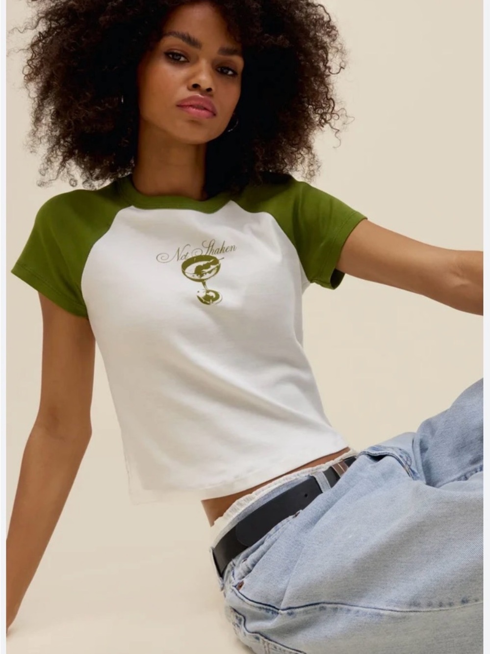 Daydreamer Not Shaken Shrunken Raglan tee Olive Green with martini glass graphic